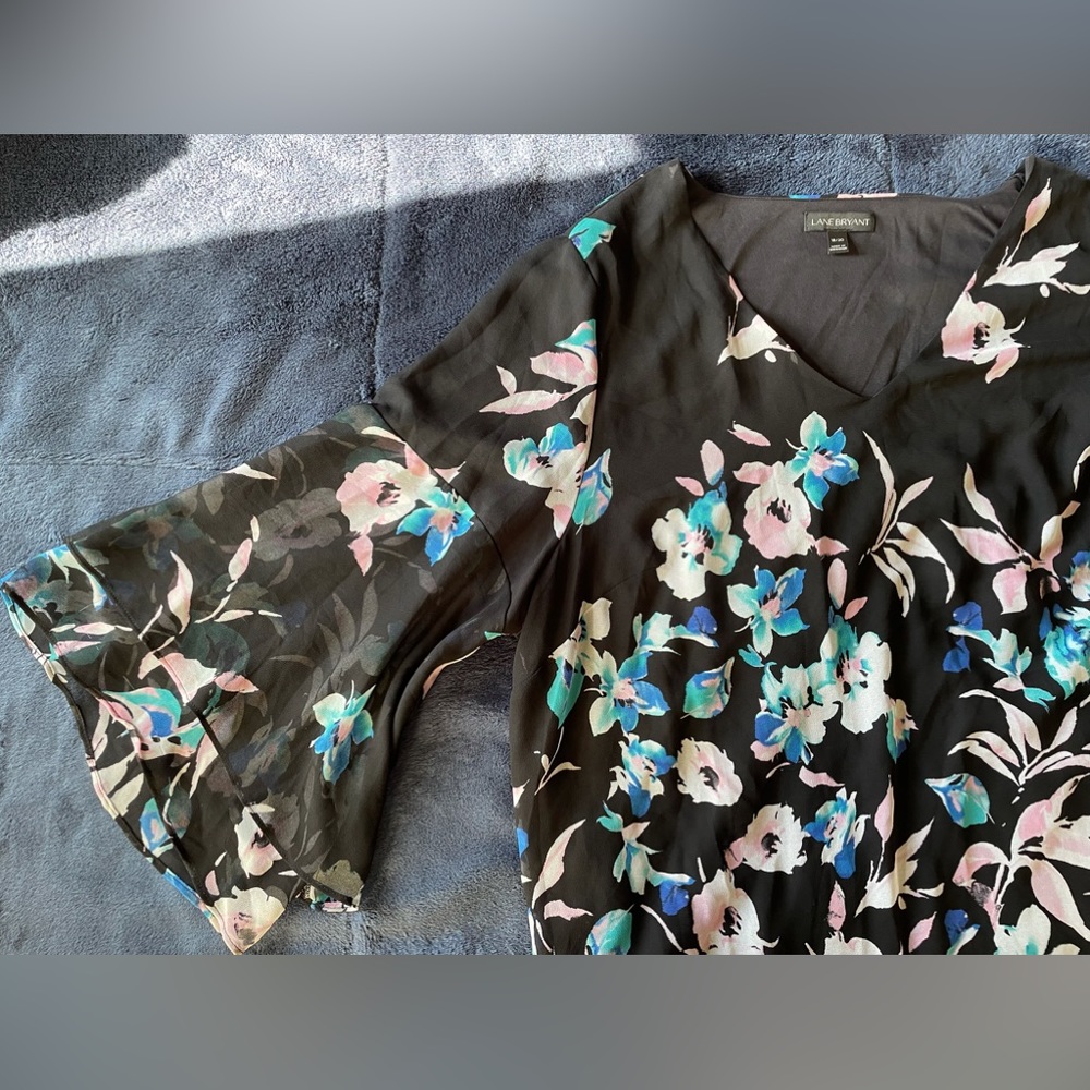 Floral Lane Bryant blouse with flowy sleeves